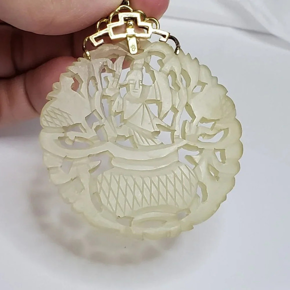 Honora 18k Yellow Gold Carved Chinese Jade Jadeite Pendant Amulet Vintage - Picture 9 of 14